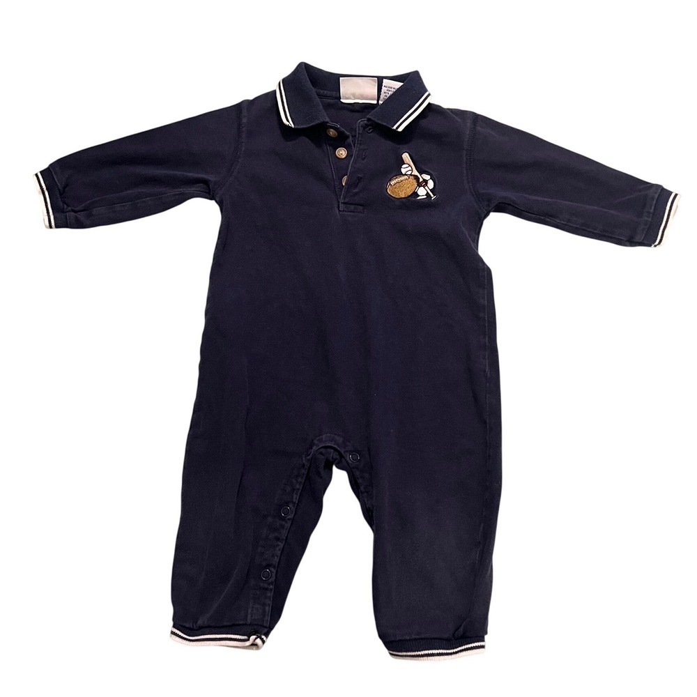Y2K Miniwear Boys Navy Blue Sports Embroidered Long Sleeve Polo Romper 12 Months